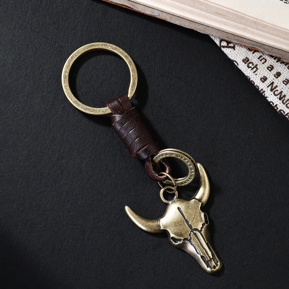 Vintage Western Bull Skull Genuine Leather Keychain Retro EDC Bag Charm Key Fob