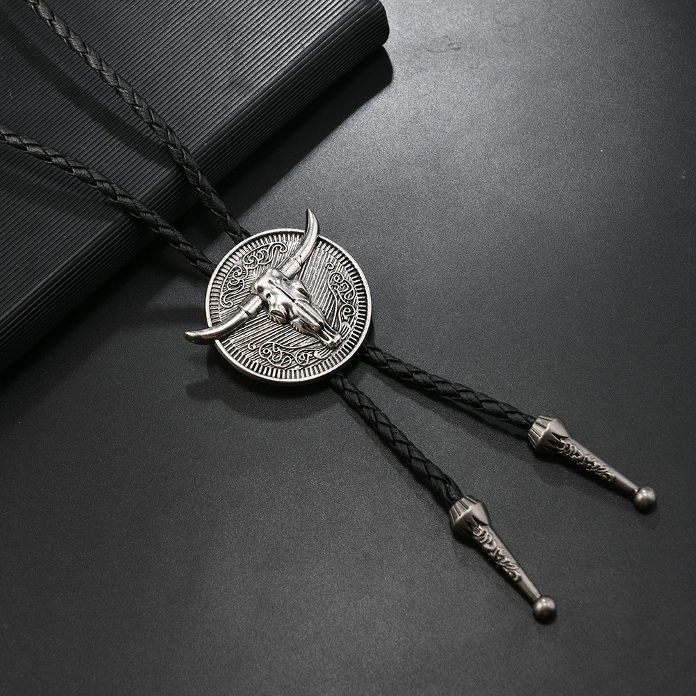 Vintage Western Round Bull Skull Bolo Tie Handcrafted Cowboy Necktie