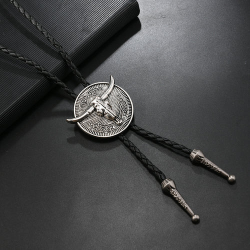 Vintage Western Round Bull Skull Bolo Tie Handcrafted Cowboy Necktie