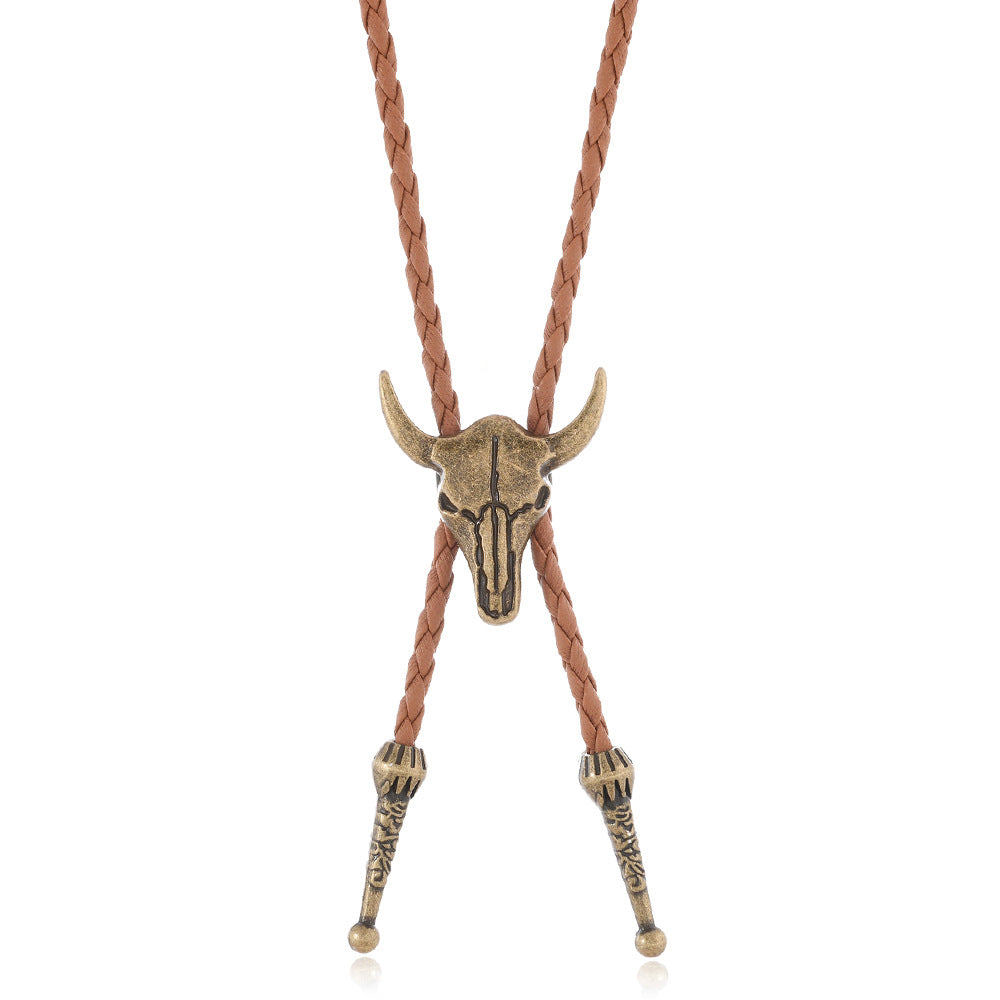 Vintage Western Longhorn Bull Skull Bolo Tie Handcrafted Cowboy Necktie