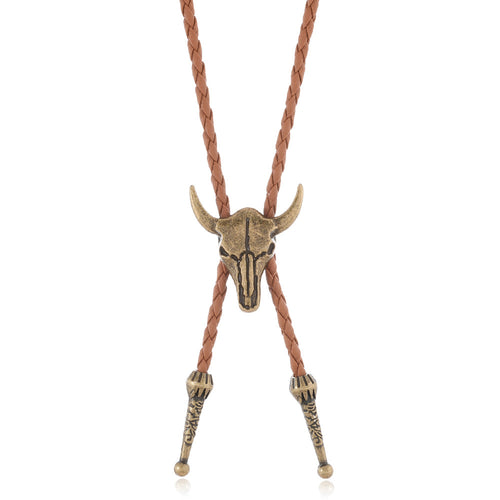 Vintage Western Longhorn Bull Skull Bolo Tie Handcrafted Cowboy Necktie