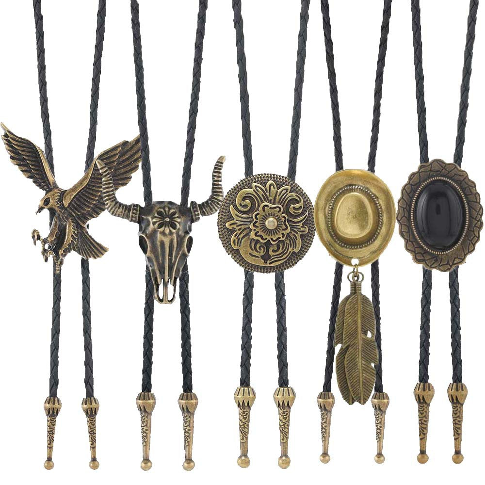 Vintage Western Cowboy Bolo Tie Set Handcrafted Eagle Bull Skull Agate Necktie Collection
