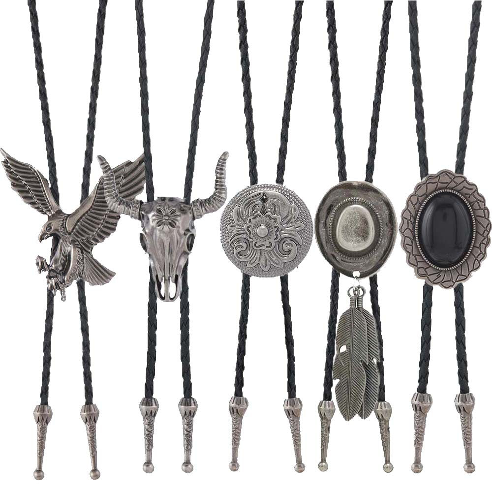 Vintage Western Cowboy Bolo Tie Set Handcrafted Eagle Bull Skull Agate Necktie Collection