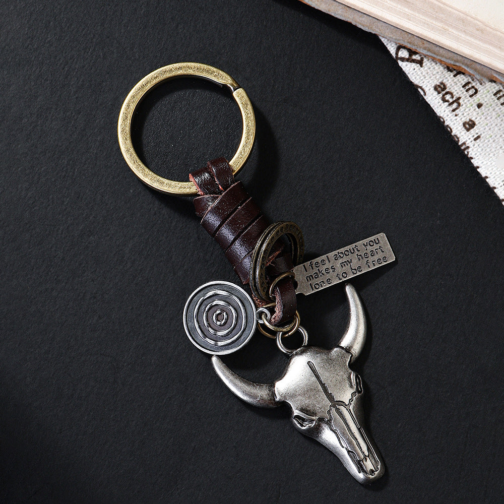 Vintage Western Bull Skull Genuine Leather Keychain Retro EDC Bag Charm Key Fob