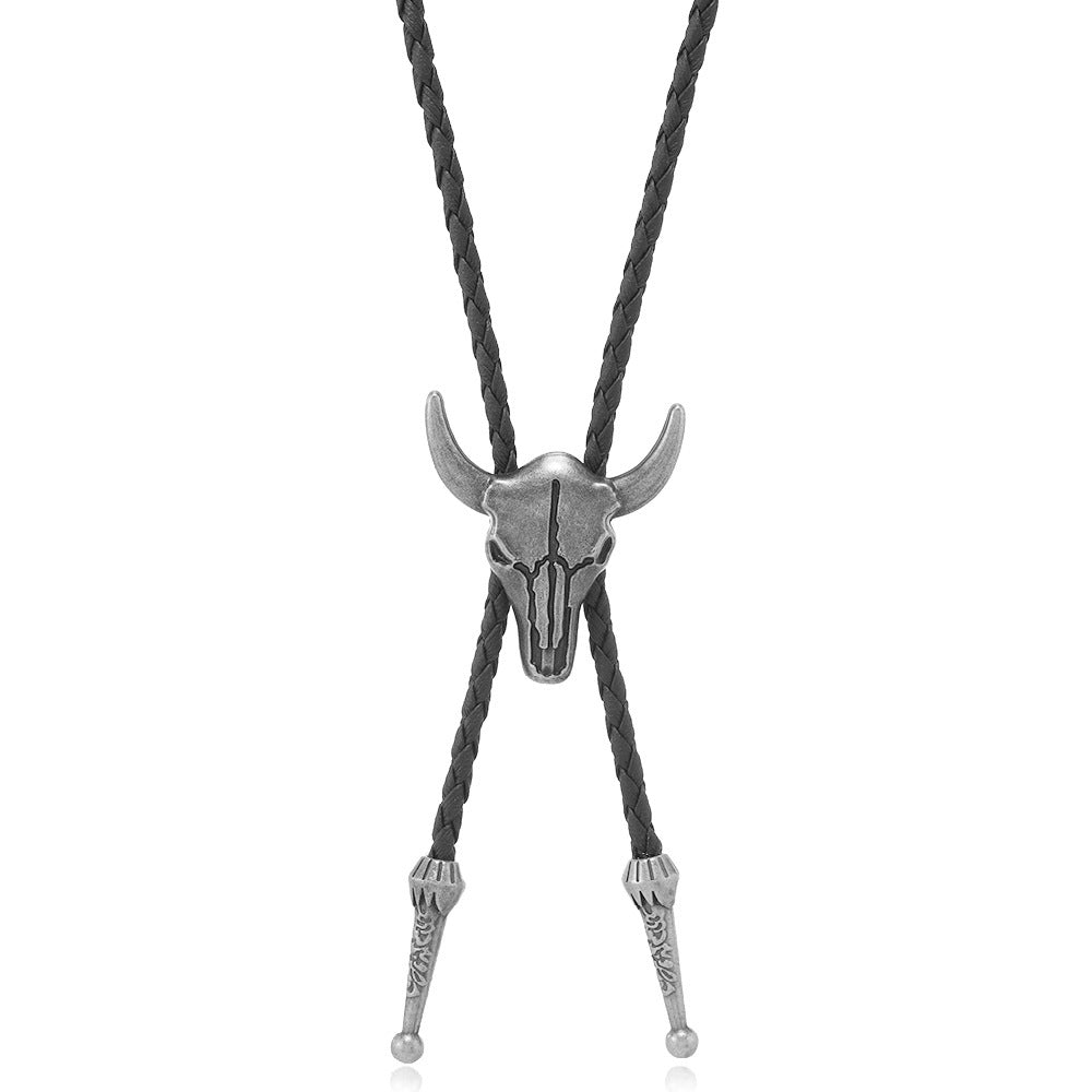 Vintage Western Longhorn Bull Skull Bolo Tie Handcrafted Cowboy Necktie